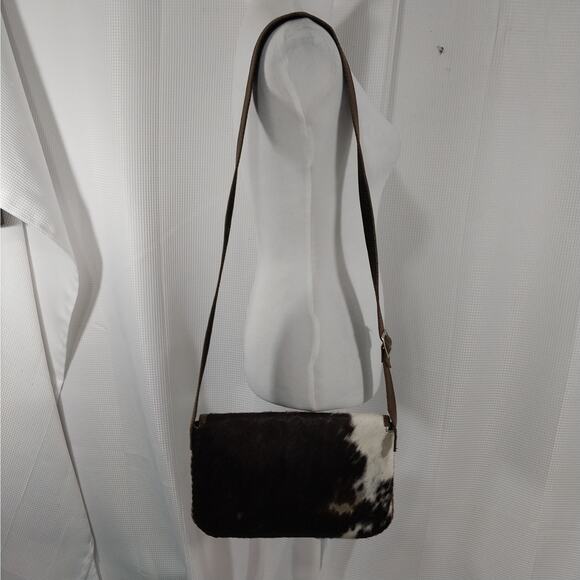 RICH BROWN AND WHITE GENUINE COWHIDE LEATHER CROSSBODY PURSE, BAG, HANDBAG! - Picture 4 of 10